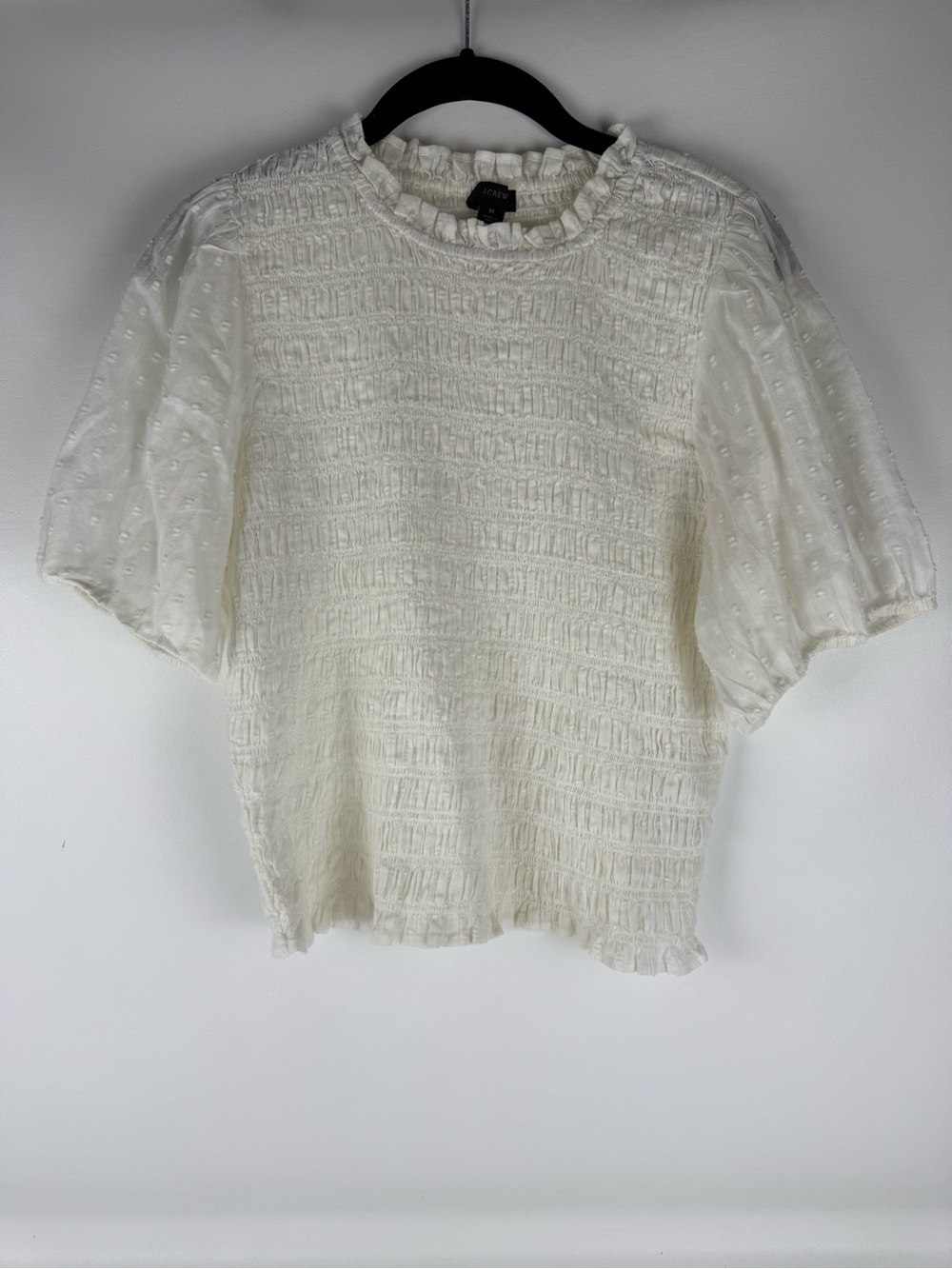 J.Crew White Smocked Puff Sleeve Swiss Dot Blouse Top Medium